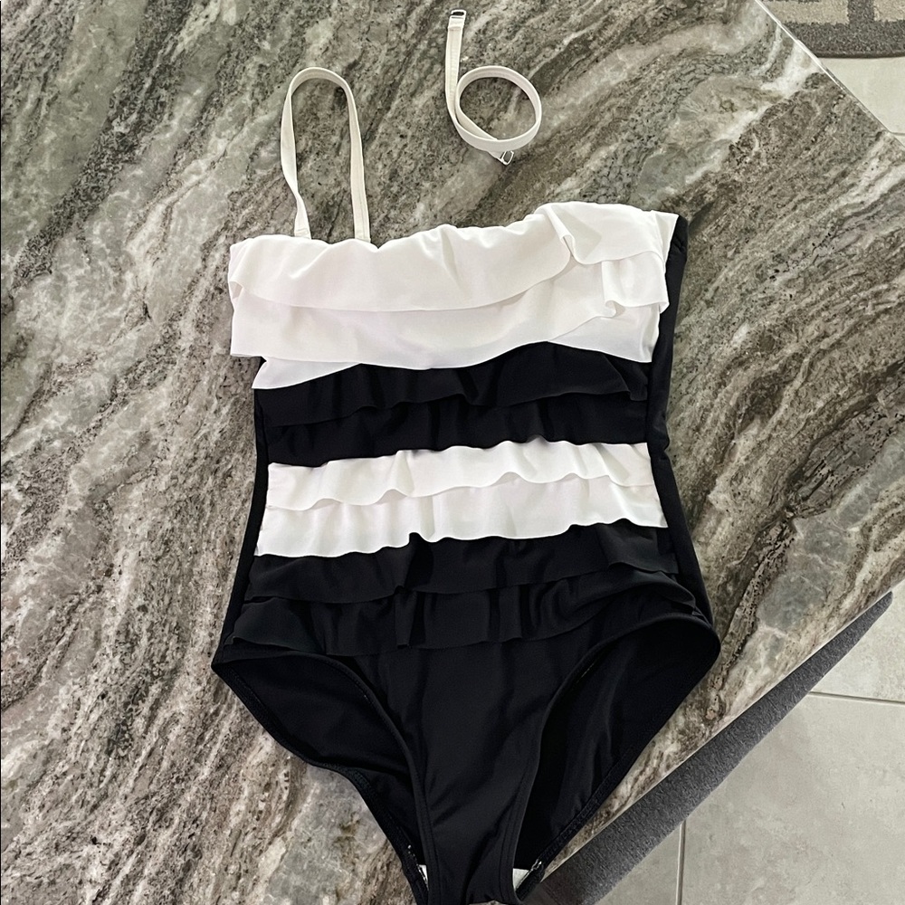 Black and White Ruffle One Piece Swimsuit